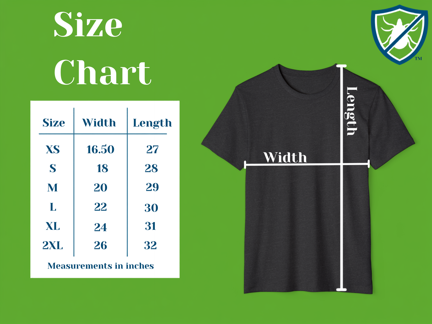 Black t-shirt with size chart on a green background