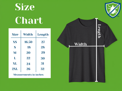 Black t-shirt with size chart on a green background