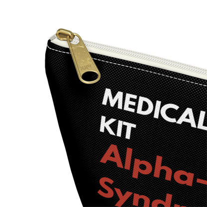 Black medical kit pouch with gold zipper and white text on a white background