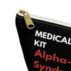 Black medical kit pouch with gold zipper and white text on a white background