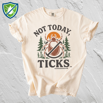 Beige t-shirt with 'Not Today, Ticks' graphic design on a textured gray background